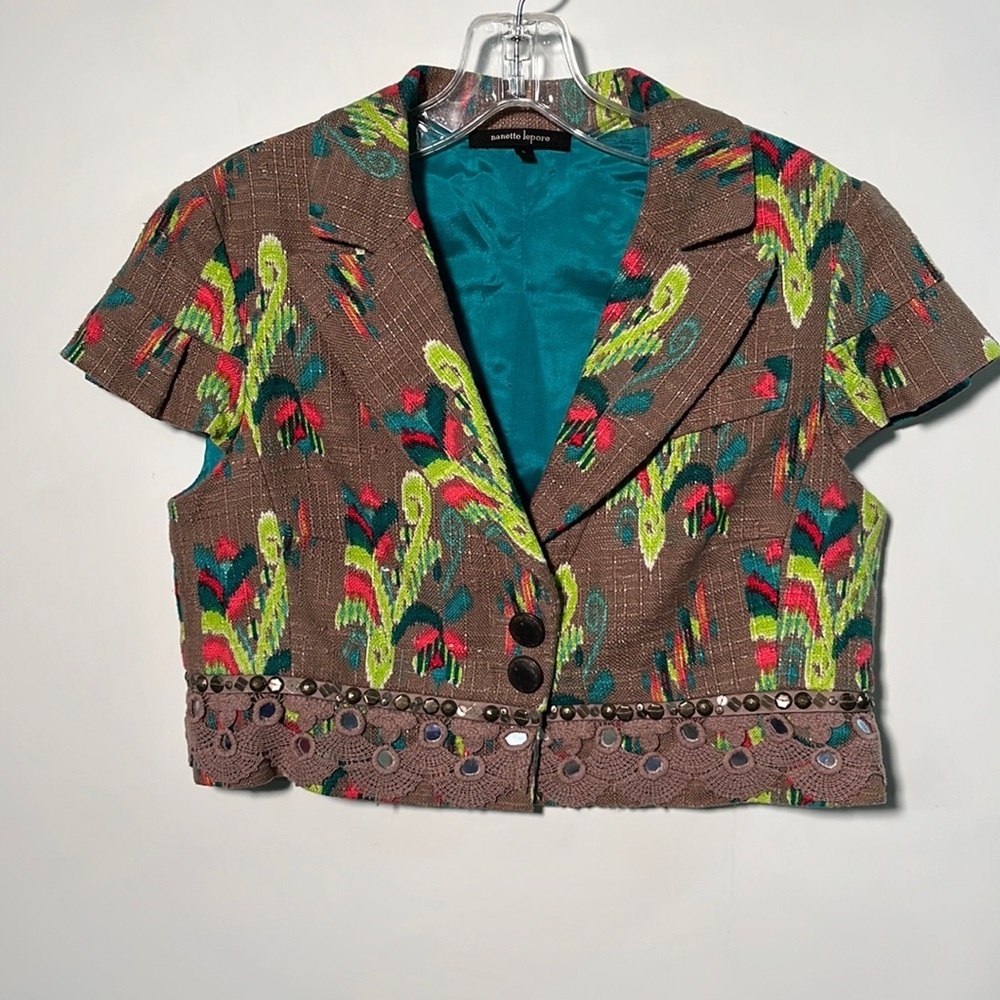 NANETTE LEPORE Coquette Boho Artsy Paisley Embroidered Cap SLV Crop Jacket SZ 4